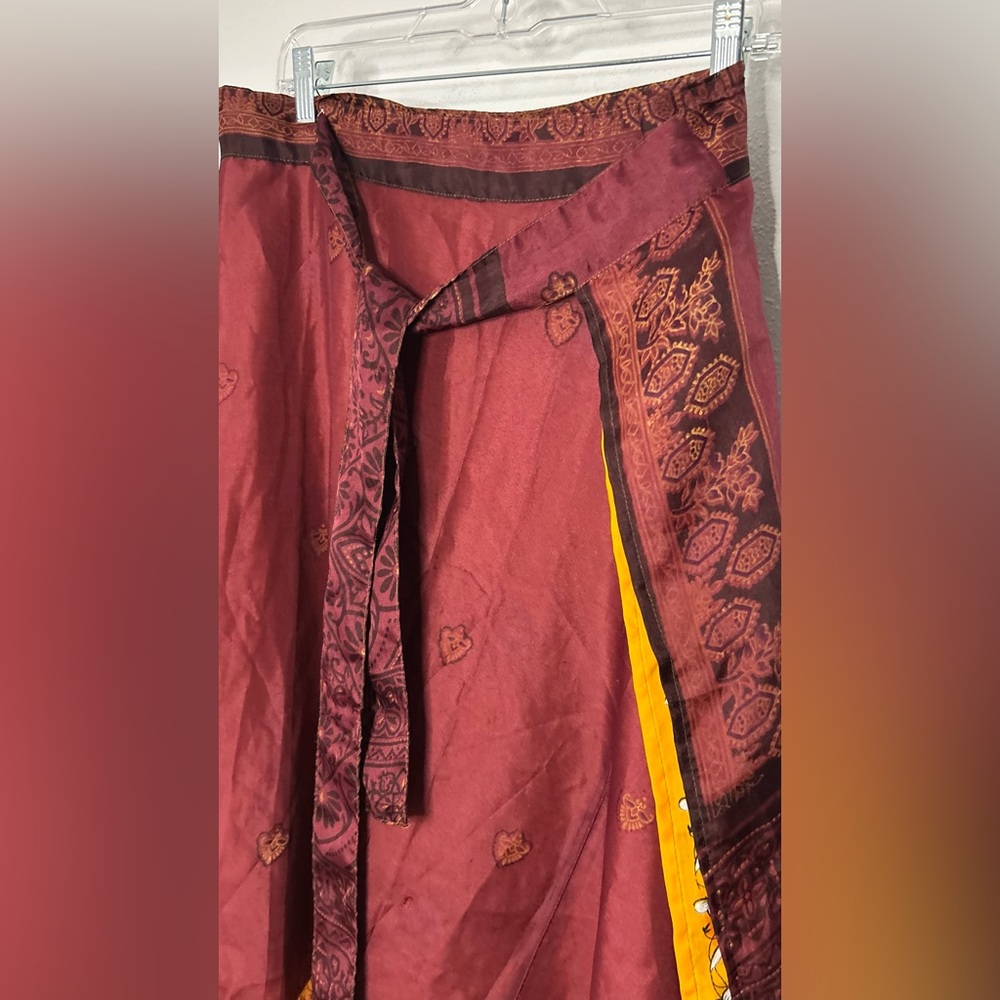Two-Tone Asymmetrical Wrap Skirt in Burgundy and Mustard Floral - Picture 2 of 8